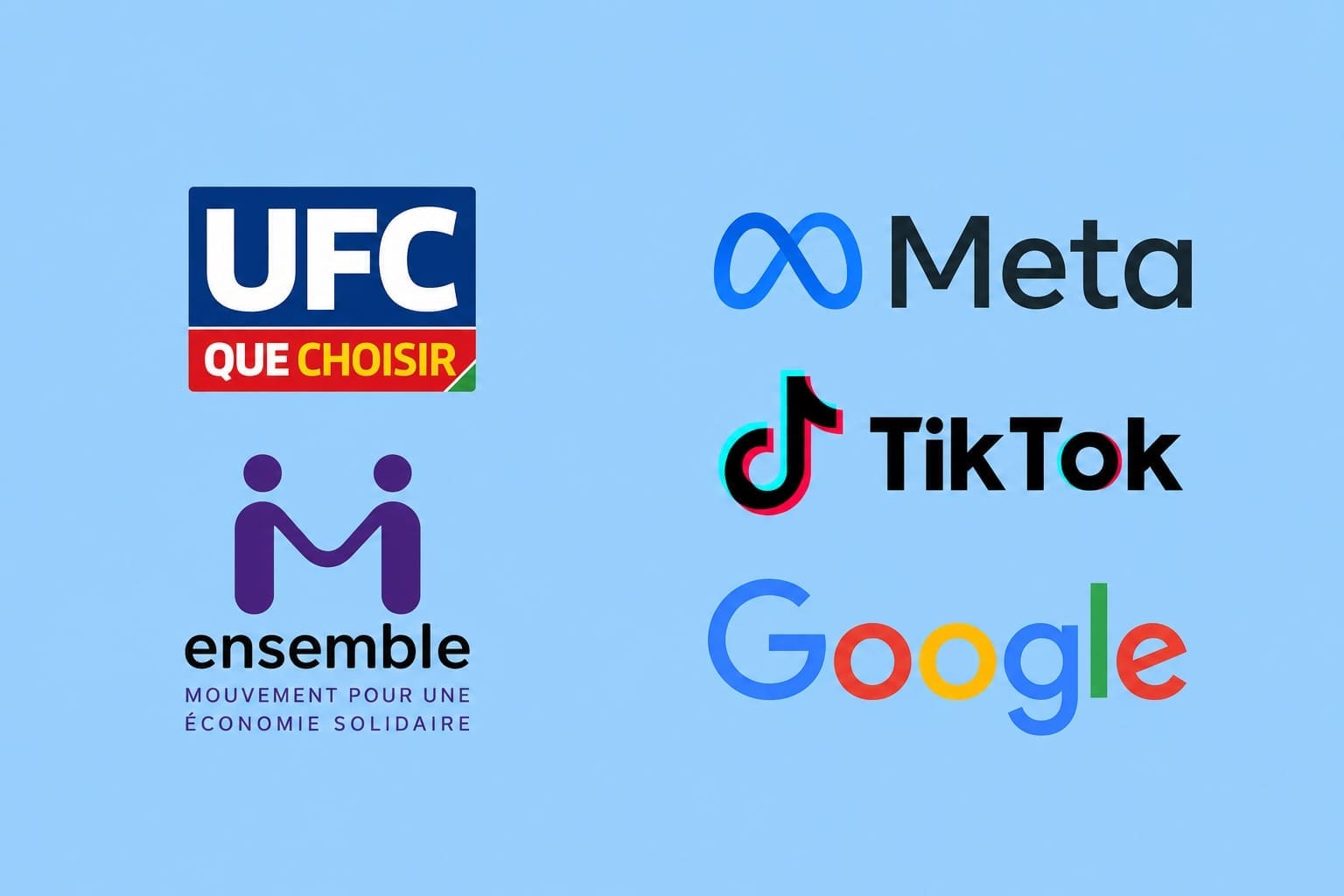 Image générée par IA. Logos de l'UFC, que choisir de l'association ensemble de méta, TikTok et Google.