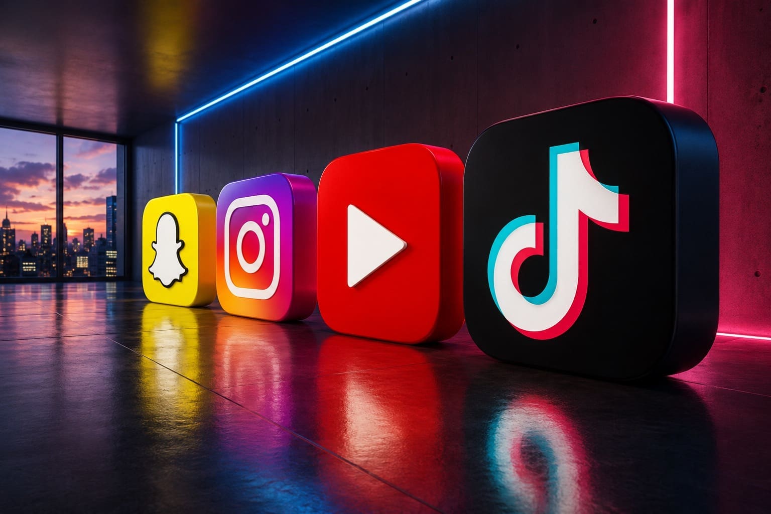 Logos de Snapchat, Instagram, YouTube et TikTok. Image générée par IA.