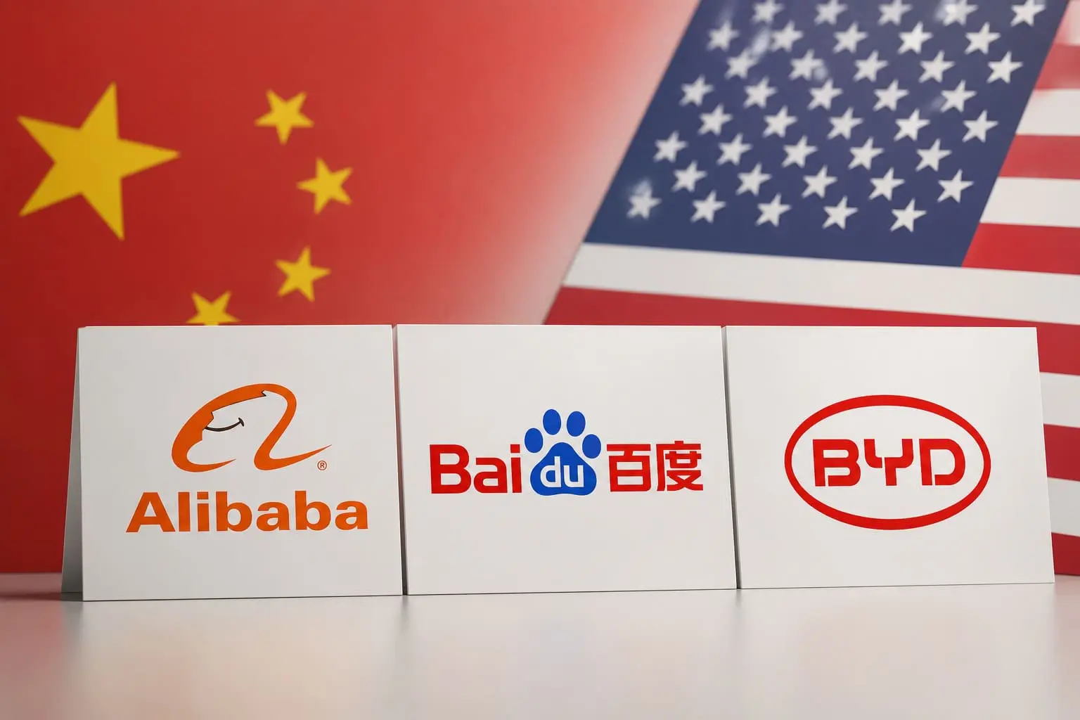 Logo de Alibaba, baidu et BYD. Image générée par IA.