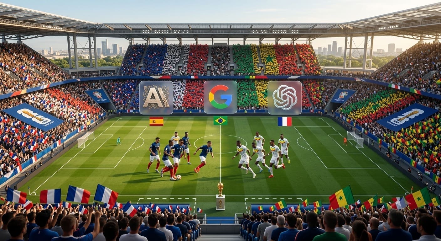 Logo de ChatGPT, Claude IA et Gemini dans un stade de foot. Image générée par IA.
